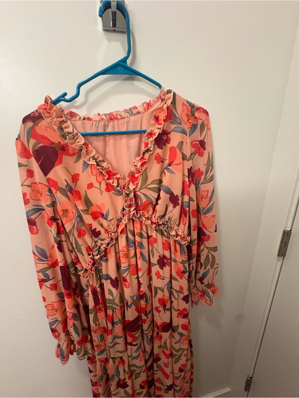 Floral Ruffle V-Neck Maxi Dress - Peach Floral